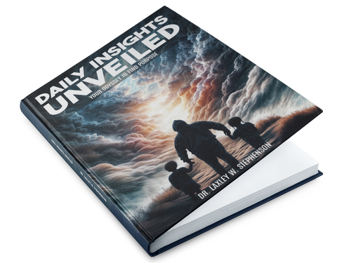 Book titled 'Daily Insights Unveiled' with a cover featuring silhouettes against a dramatic sky.