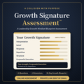 Growth Signature Assessment™ online assessment with a sample six-dimension results profile, 24 questions, and a 30-Day Growth Blueprint