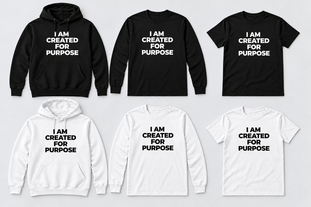 I AM CREATED FOR PURPOSE apparel in black and white
