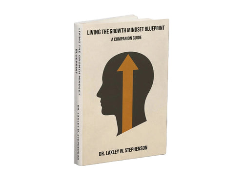 Book titled 'Living the Growth Mindset Blueprint' with a silhouette of a head and an arrow on the cover.